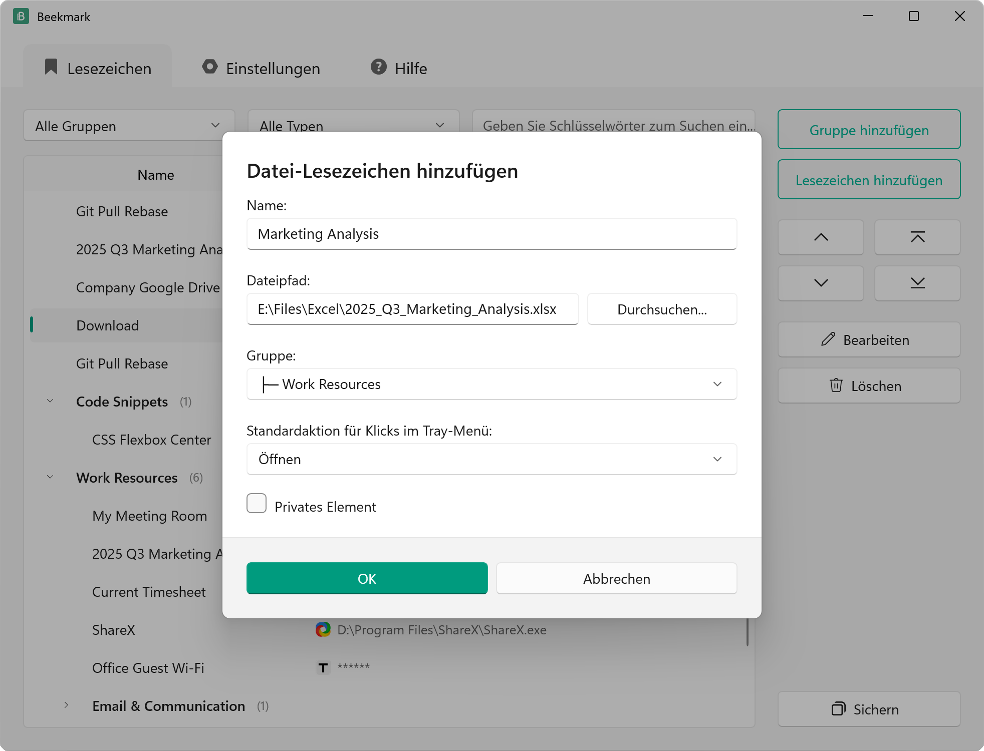 Datei-Lesezeichen Hinzufügen