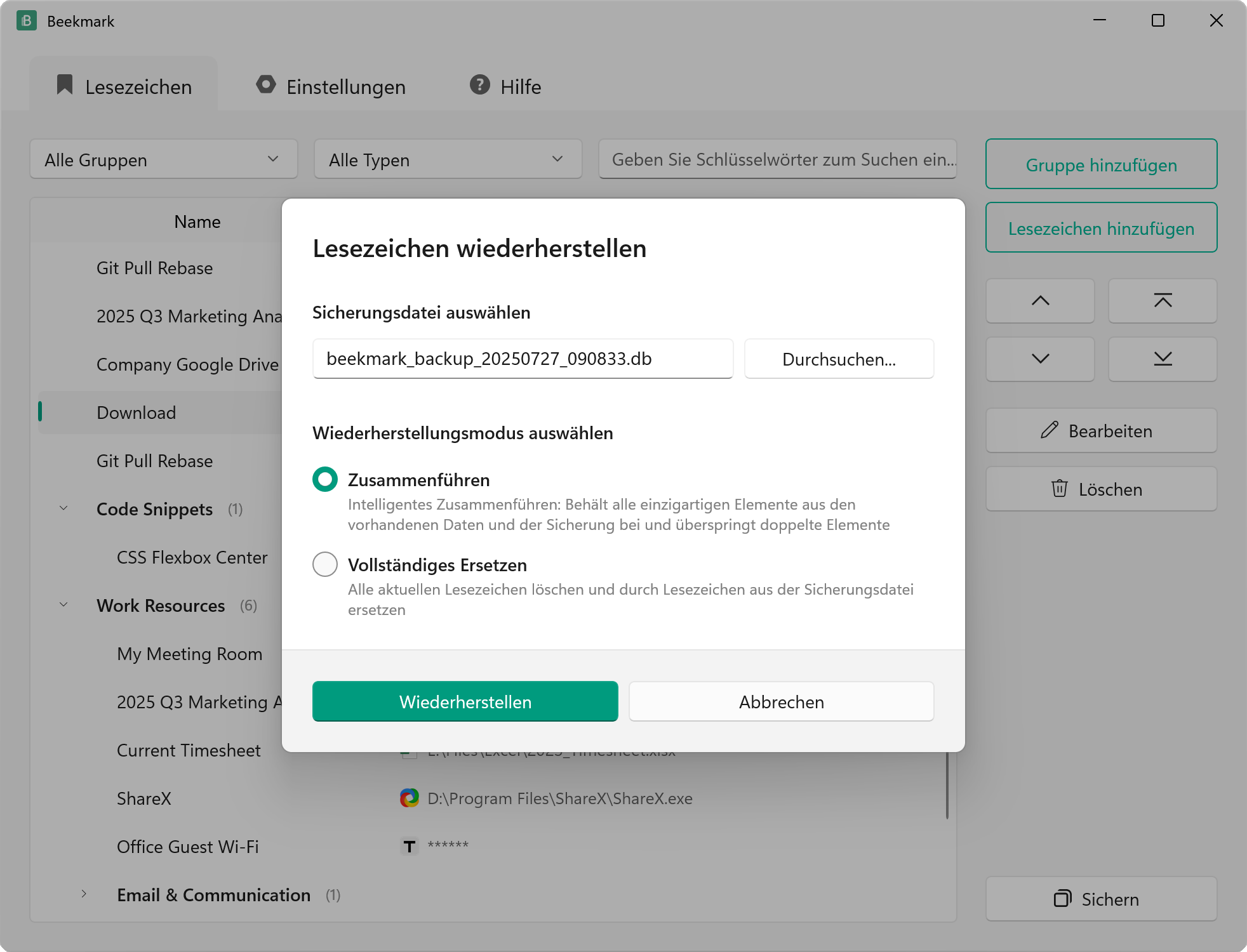 Lesezeichen Wiederherstellen