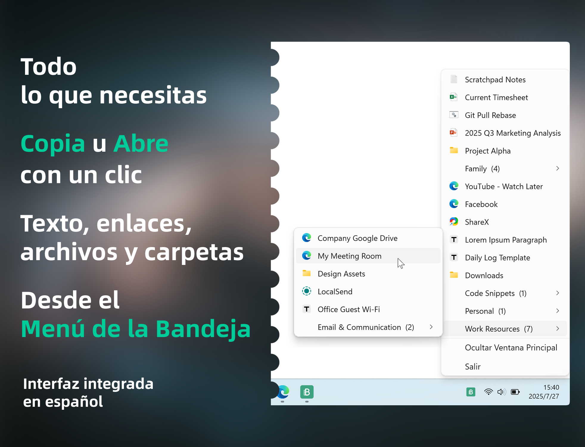 Área del Menú de Bandeja de Beekmark