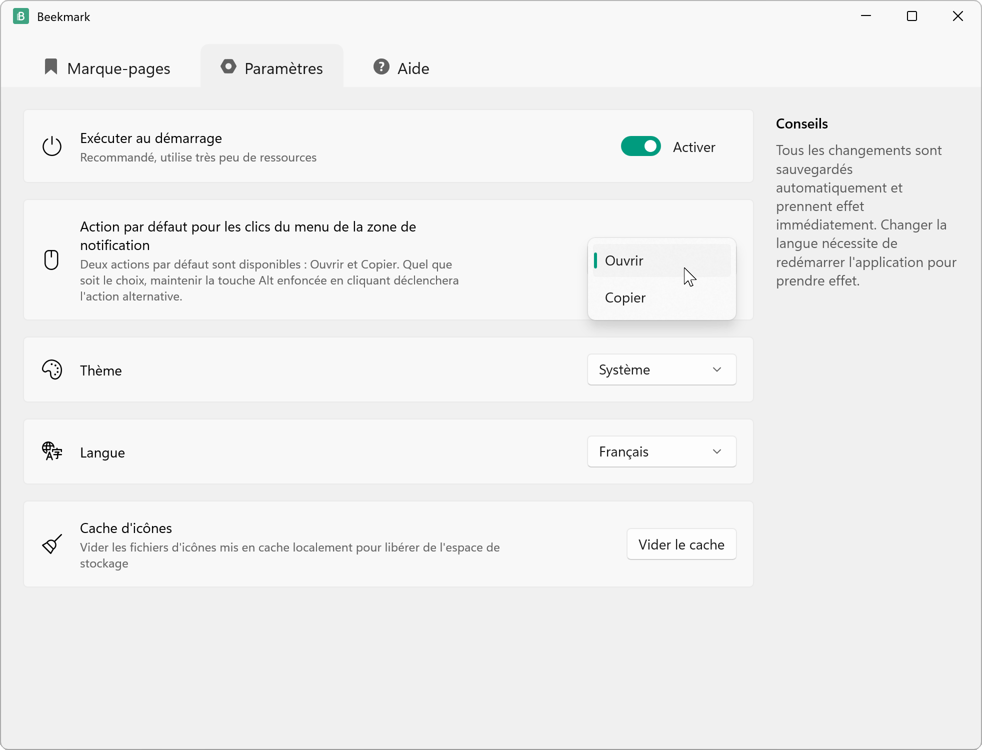 Page des Paramètres