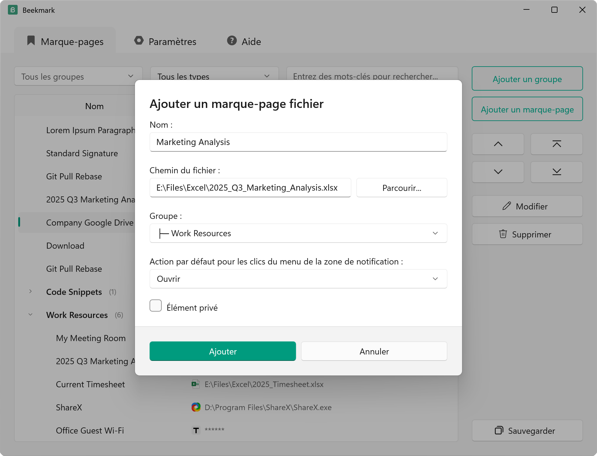 Ajouter un Signet Fichier