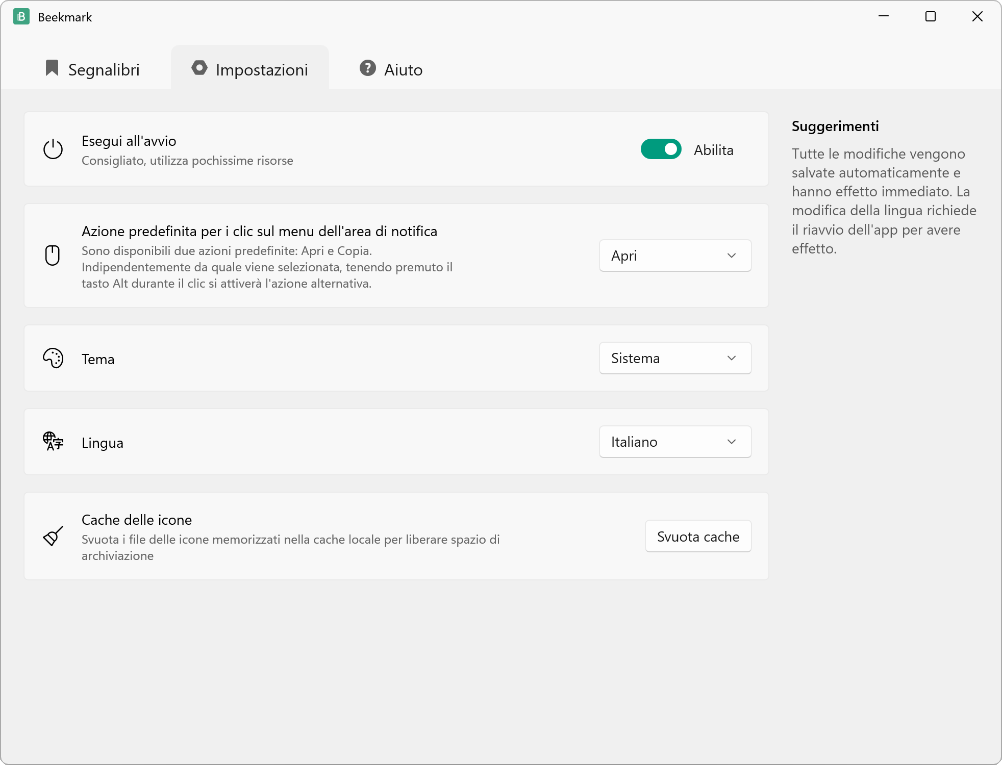 Pagina delle Impostazioni