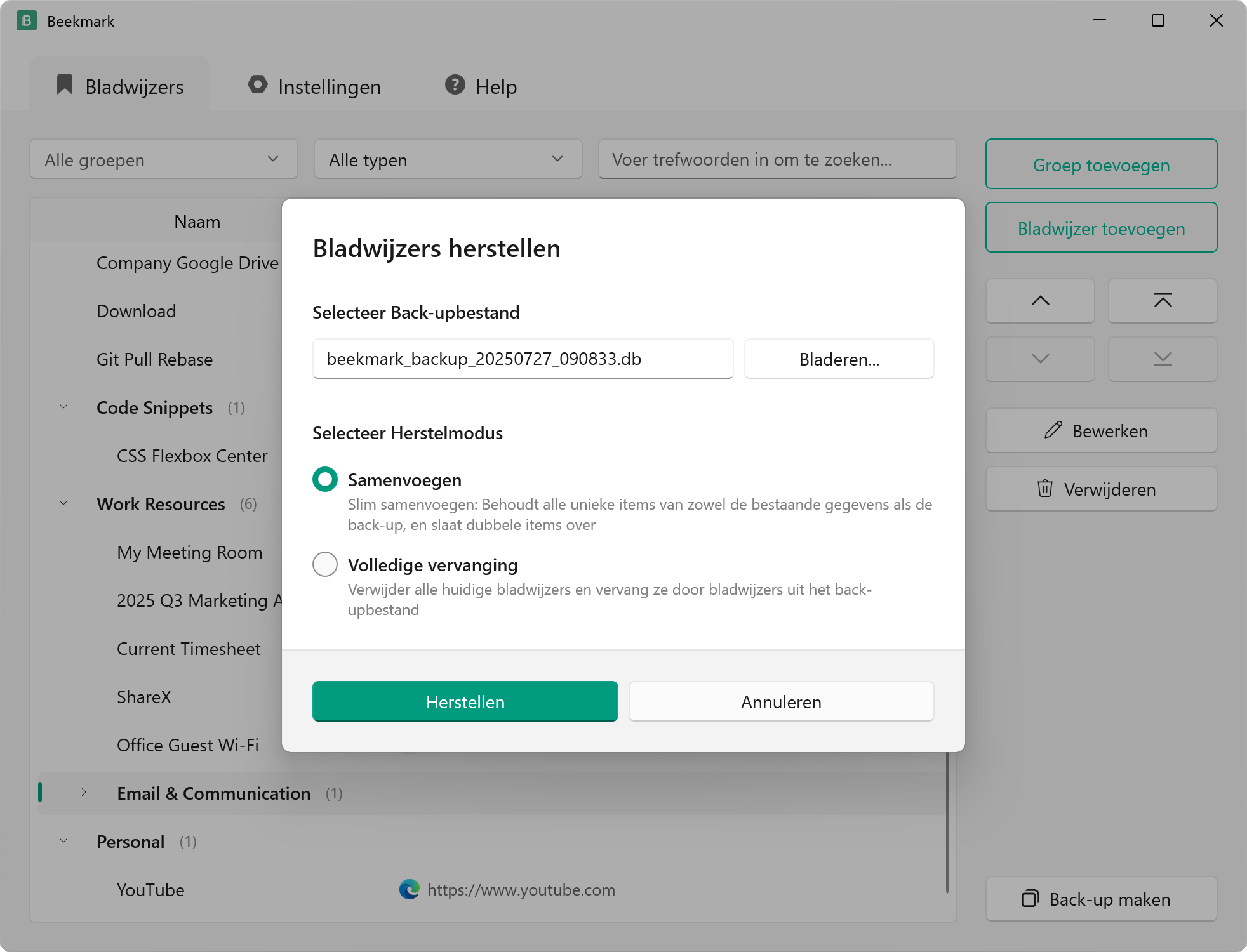 Bladwijzers Herstellen