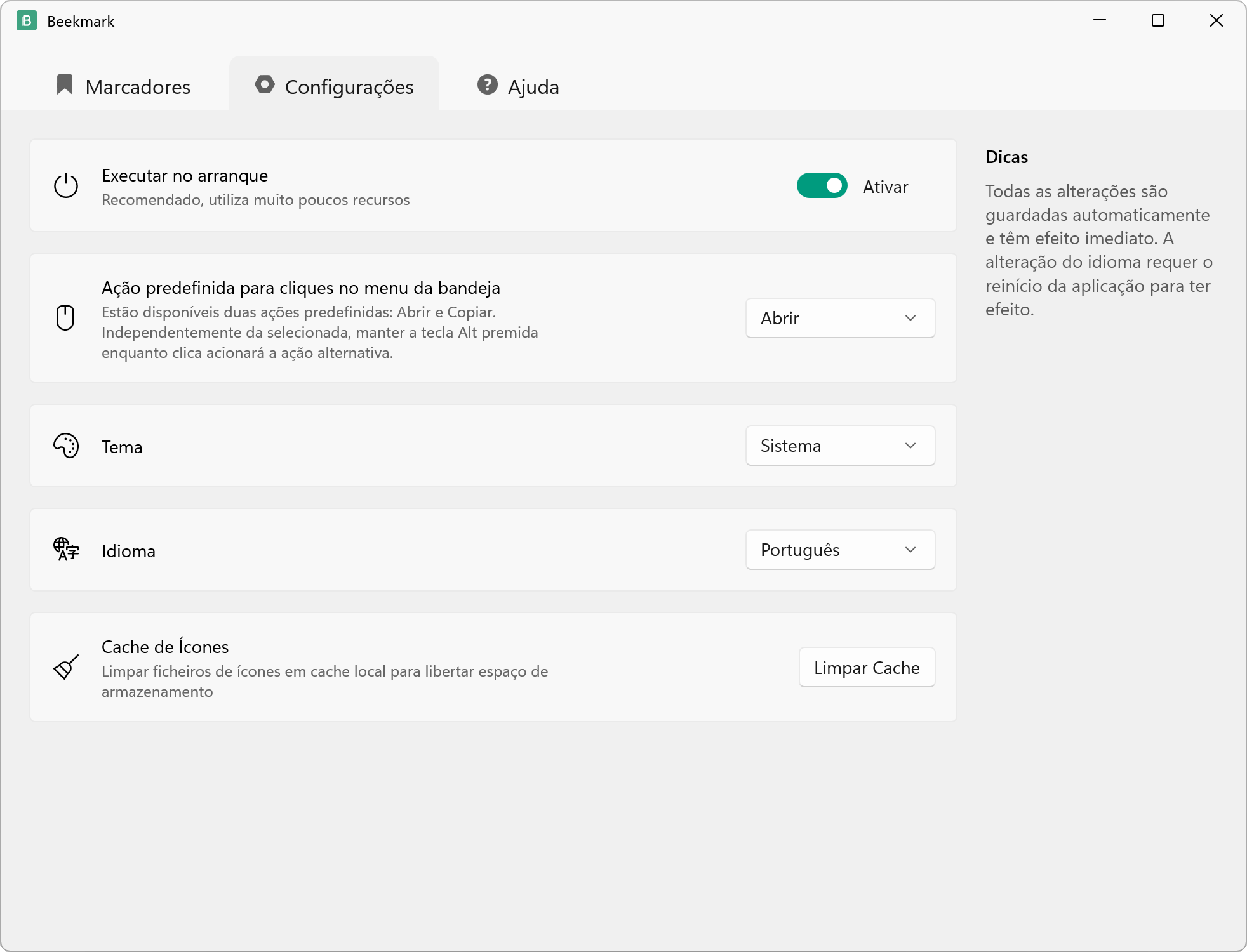 Página de Configurações