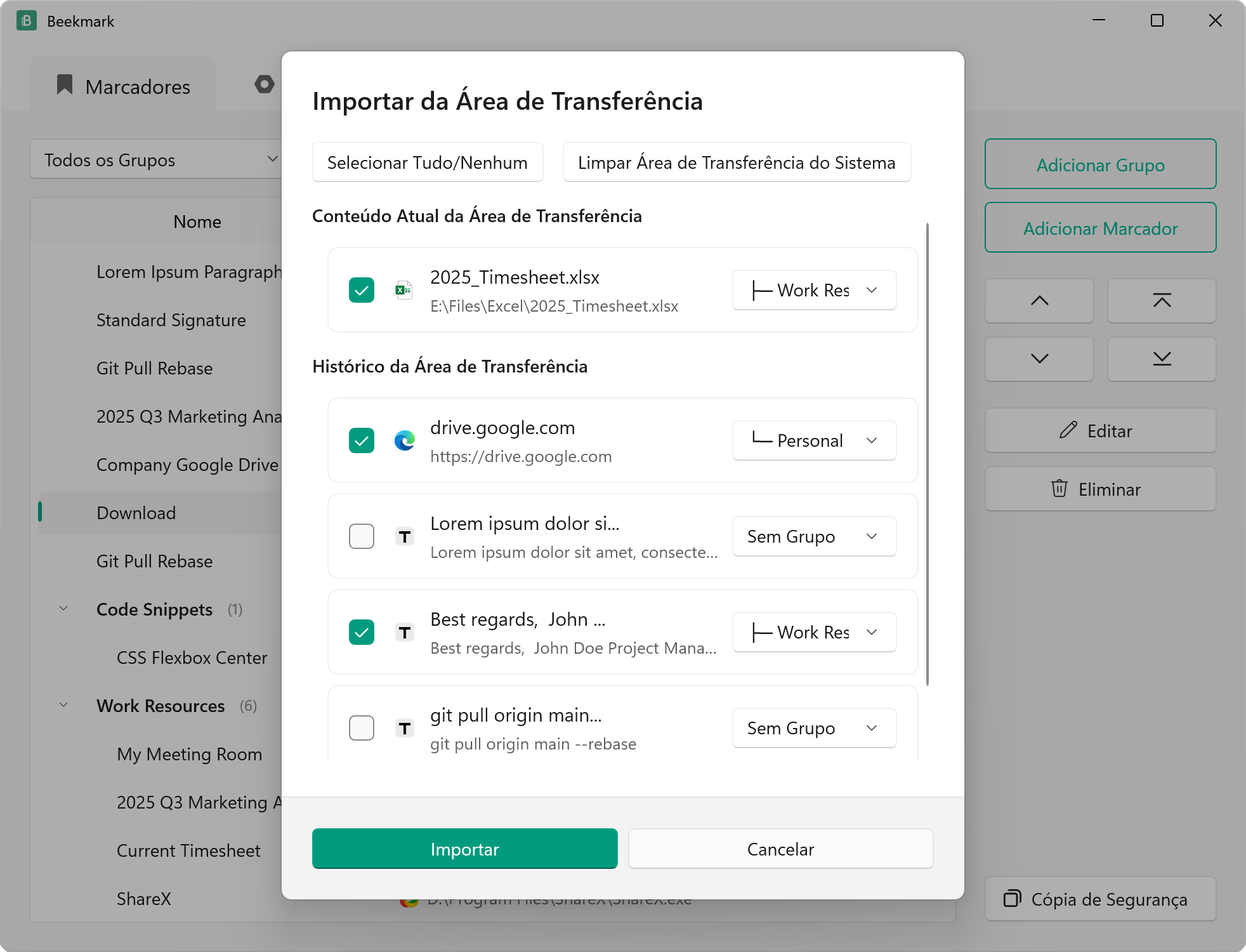 Importar da Área de Transferência