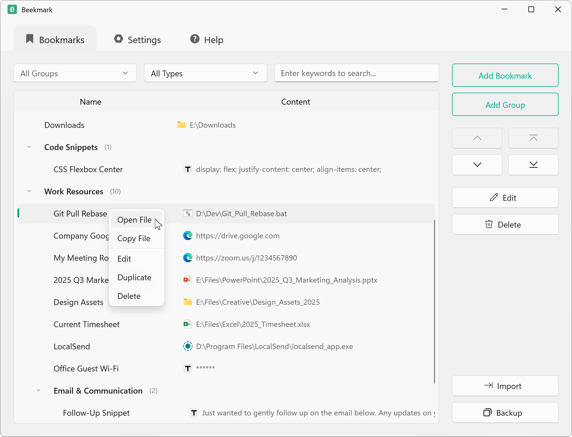 Beekmark Main Window Interface